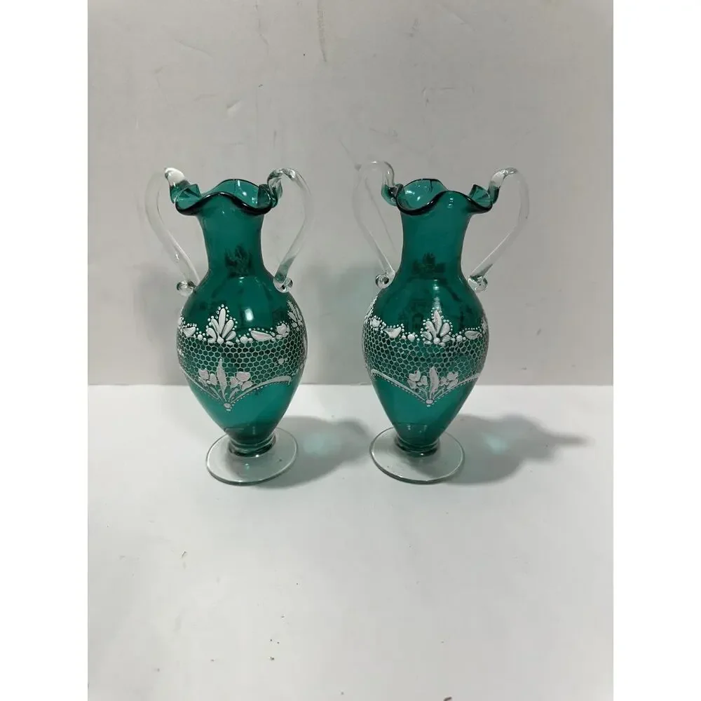 Stunning Pair (2) Salviati Moser Murano Italian Hand Painted Green Glass Vase 6”